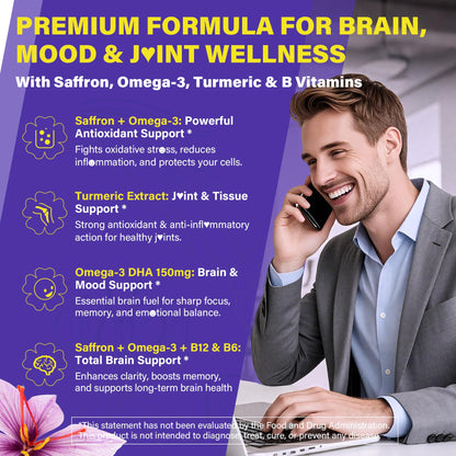 Saffron Supplements - 100mg Liposomal High Absorption | 100% Pure Saffron Extract + Magnesium Glycinate, Omega-3, Turmeric, Ashwagandha, B6, B12, D3 - 60 Softgels