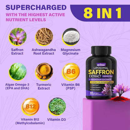 Saffron Supplements - 100mg Liposomal High Absorption | 100% Pure Saffron Extract + Magnesium Glycinate, Omega-3, Turmeric, Ashwagandha, B6, B12, D3 - 60 Softgels