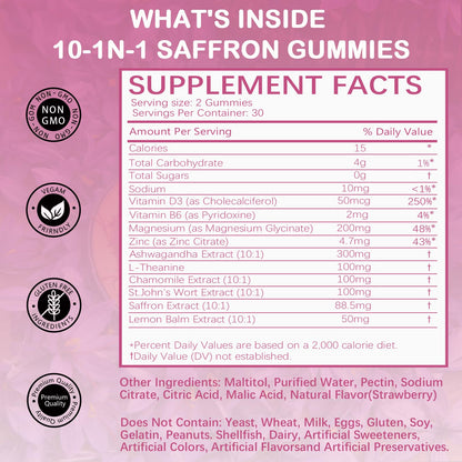 Saffron Supplements Gummies for Kids & Adults,Sugar Free,with Ashwagandha,L-Theanine,Chamomile,St. John's Wort,Lemon Balm,Vitamin D3 B6, Magnesium,Zinc Gummies for Zzz, Mood, Focus & Vision 60 Cnt