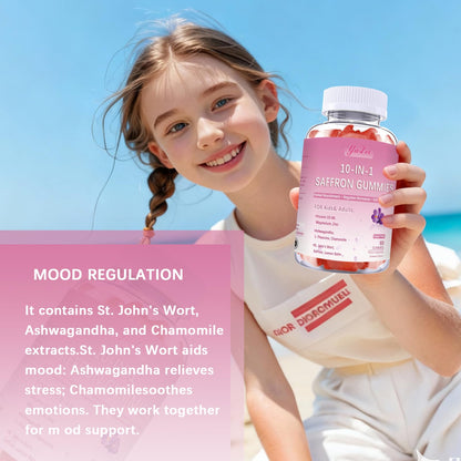 Saffron Supplements Gummies for Kids & Adults,Sugar Free,with Ashwagandha,L-Theanine,Chamomile,St. John's Wort,Lemon Balm,Vitamin D3 B6, Magnesium,Zinc Gummies for Zzz, Mood, Focus & Vision 60 Cnt