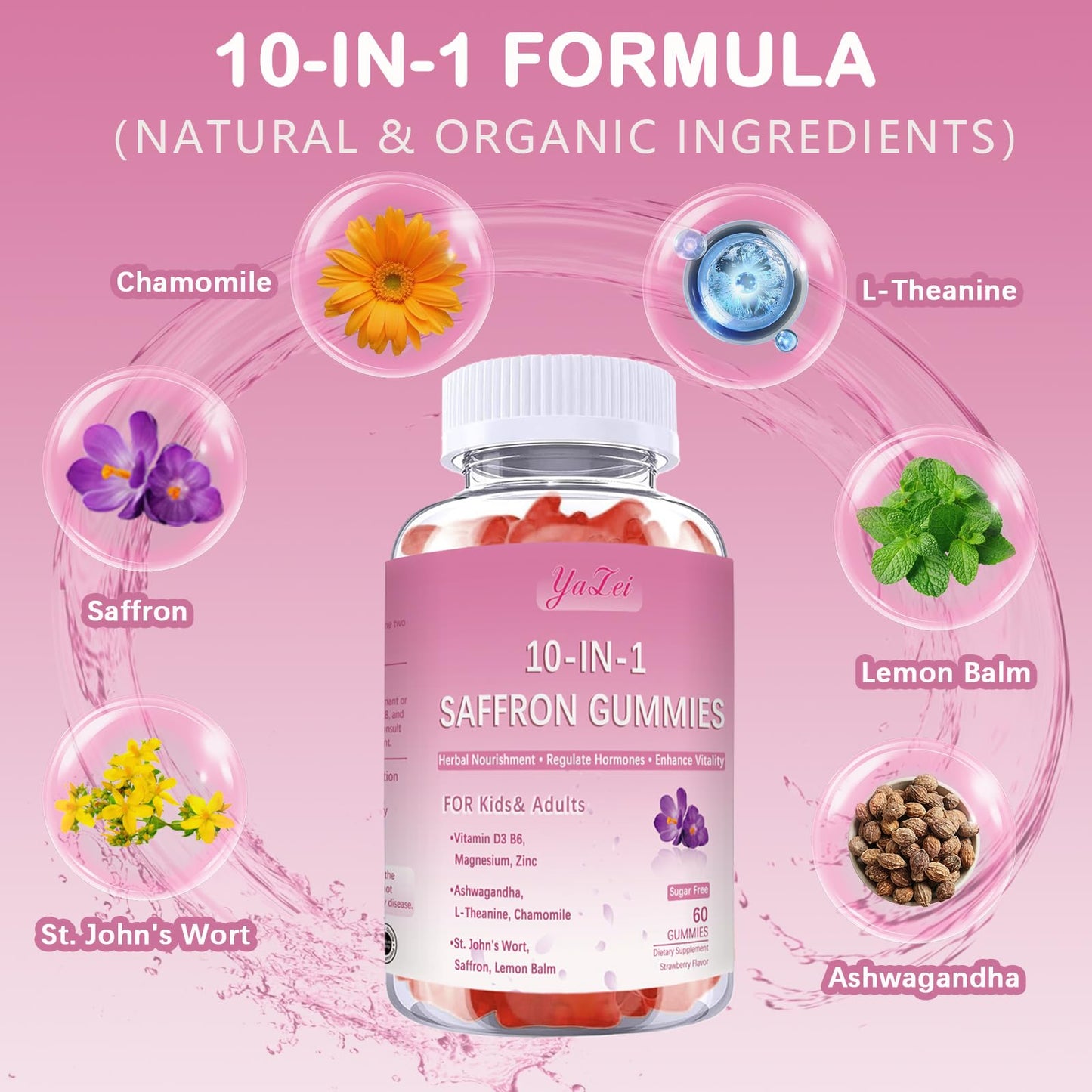 Saffron Supplements Gummies for Kids & Adults,Sugar Free,with Ashwagandha,L-Theanine,Chamomile,St. John's Wort,Lemon Balm,Vitamin D3 B6, Magnesium,Zinc Gummies for Zzz, Mood, Focus & Vision 60 Cnt