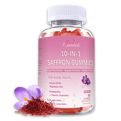 Saffron Supplements Gummies for Kids & Adults,Sugar Free,with Ashwagandha,L-Theanine,Chamomile,St. John's Wort,Lemon Balm,Vitamin D3 B6, Magnesium,Zinc Gummies for Zzz, Mood, Focus & Vision 60 Cnt
