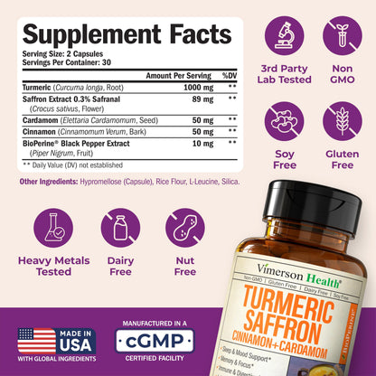 Saffron Supplements – 89mg Saffron Extract & 1000mg Turmeric Blend – Mood, Memory & Eye Health – 60 Count