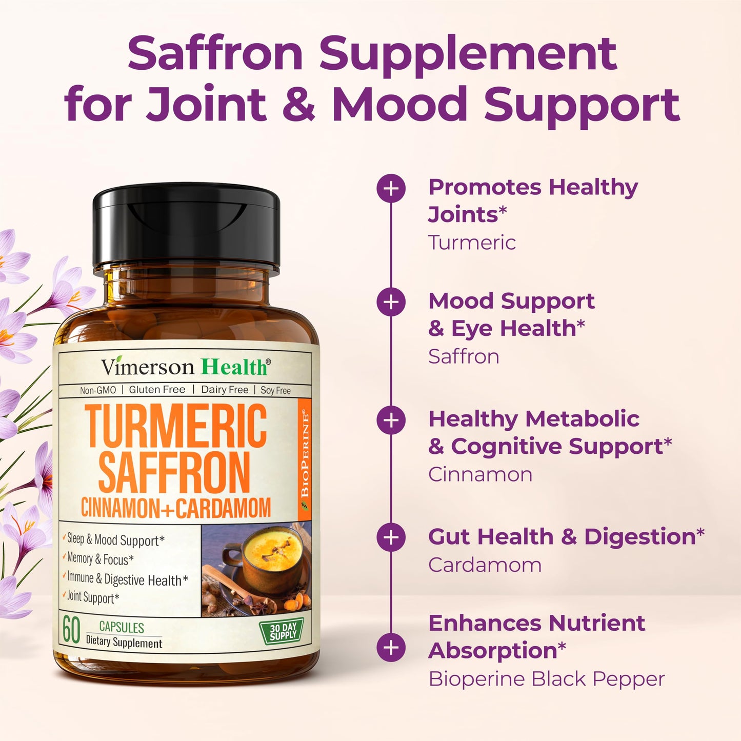 Saffron Supplements – 89mg Saffron Extract & 1000mg Turmeric Blend – Mood, Memory & Eye Health – 60 Count