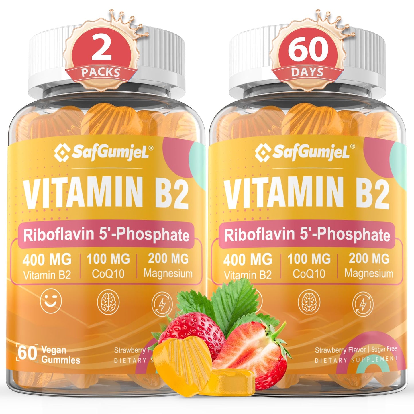 Safgumjel Vitamin B2 Gummies – Riboflavin 400mg for Adults & Kids with Magnesium & CoQ10 for Energy & Migraine Relief | Sugar Free, Vegan, Non-GMO | 120 Count
