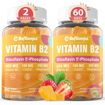 Safgumjel Vitamin B2 Gummies – Riboflavin 400mg for Adults & Kids with Magnesium & CoQ10 for Energy & Migraine Relief | Sugar Free, Vegan, Non-GMO | 120 Count