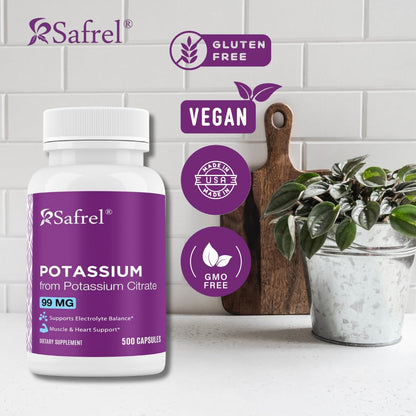 Safrel Potassium 99mg Citrate Capsules – 500 Servings | Non-GMO, Gluten Free, Vegan, Halal