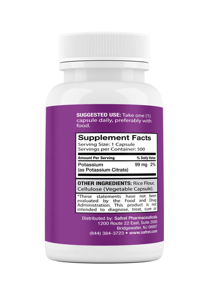 Safrel Potassium 99mg Citrate Capsules – 500 Servings | Non-GMO, Gluten Free, Vegan, Halal