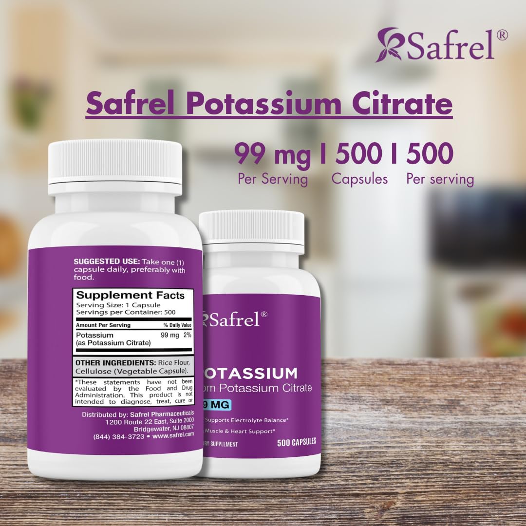 Safrel Potassium 99mg Citrate Capsules – 500 Servings | Non-GMO, Gluten Free, Vegan, Halal