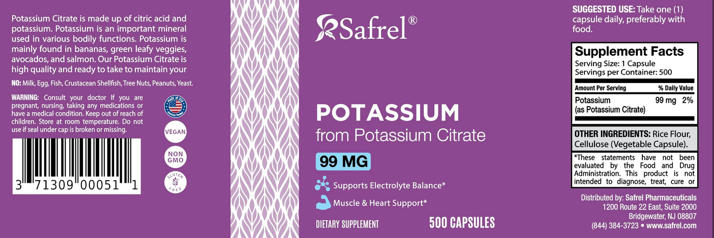 Safrel Potassium 99mg Citrate Capsules – 500 Servings | Non-GMO, Gluten Free, Vegan, Halal