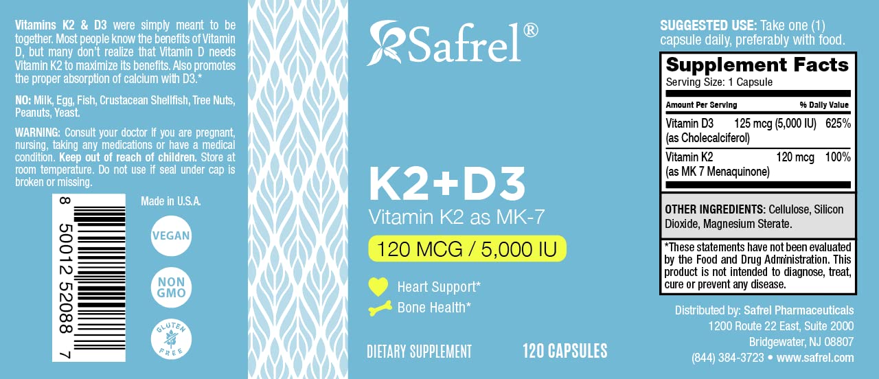 Safrel Vitamin K2 MK7 (120 mcg) + D3 (5000 IU) - 120 Capsules, Vegan, Non-GMO