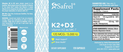 Safrel Vitamin K2 MK7 (120 mcg) + D3 (5000 IU) - 120 Capsules, Vegan, Non-GMO