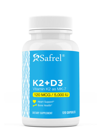 Safrel Vitamin K2 MK7 (120 mcg) + D3 (5000 IU) - 120 Capsules, Vegan, Non-GMO