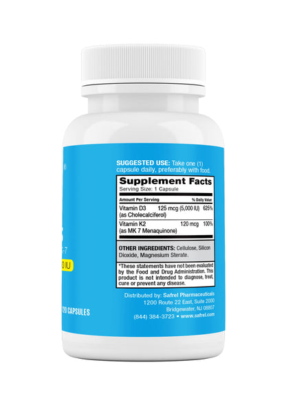 Safrel Vitamin K2 MK7 (120 mcg) + D3 (5000 IU) - 120 Capsules, Vegan, Non-GMO