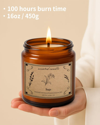Sage Candles for Cleansing - 16oz Large Jar Scented Candle | 100+ Hour Burn Time | Home Decor & Gift