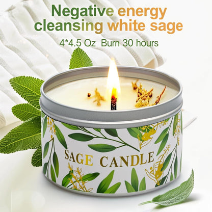 4 Pack Sage Candles with Crystal Healing Stones – White Sage & Energy Cleansing