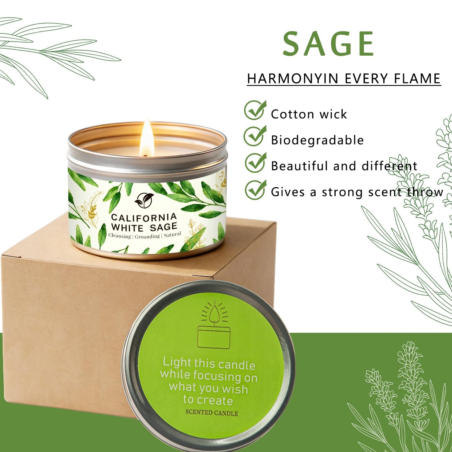 White Sage Candle 6 oz - 35 Hr Burn Time | Cleansing & Aromatherapy