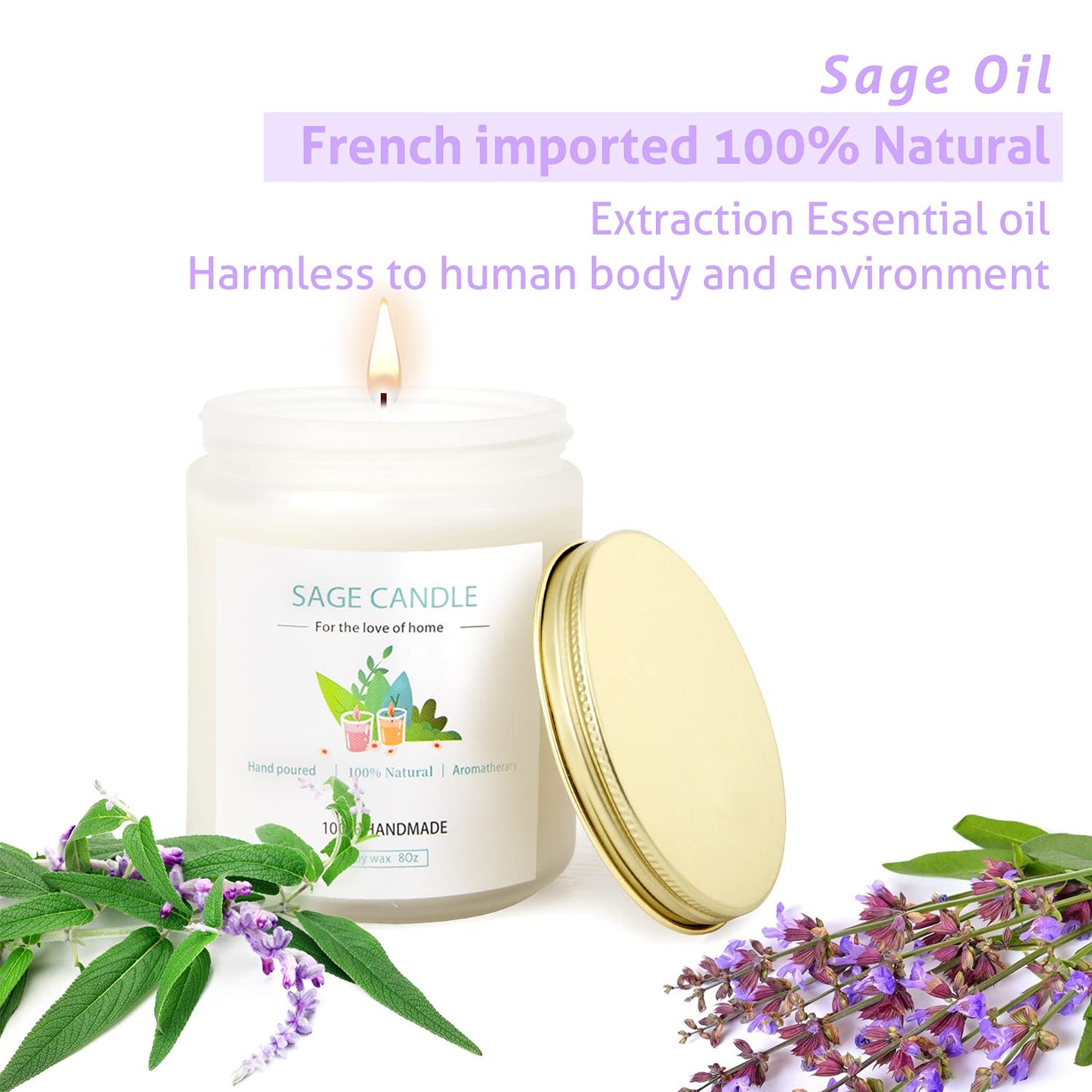 Sage Candle 8oz – Purification & Healing, 45h Soy Wax for Home Cleansing