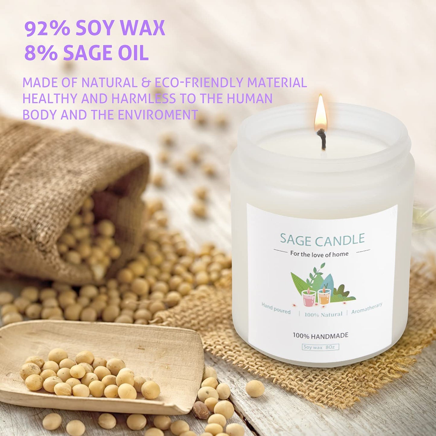Sage Candle 8oz – Purification & Healing, 45h Soy Wax for Home Cleansing