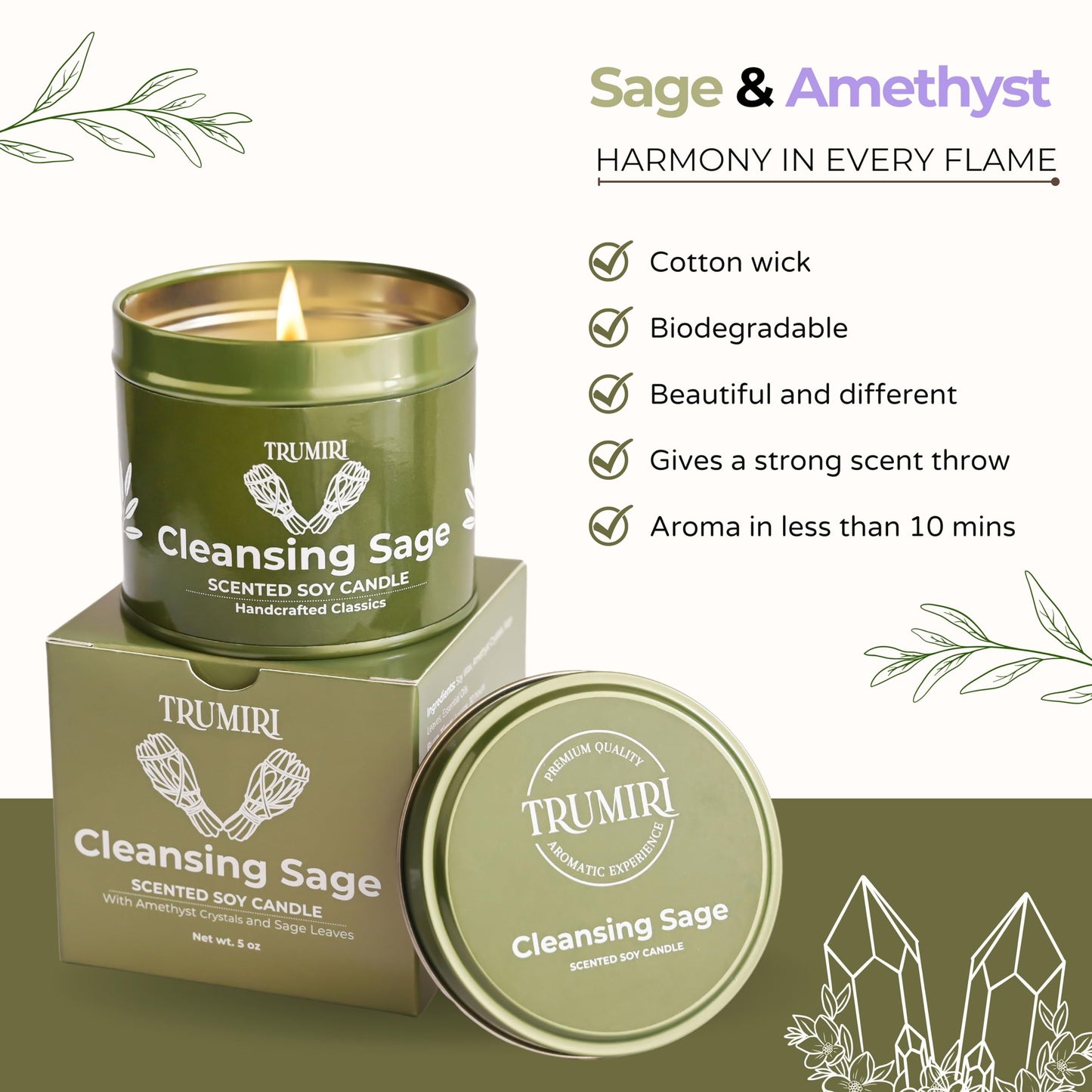 Sage Candle for Cleansing House with Crystals – 5oz Soy Wax, Non-Toxic Aromatherapy Gift