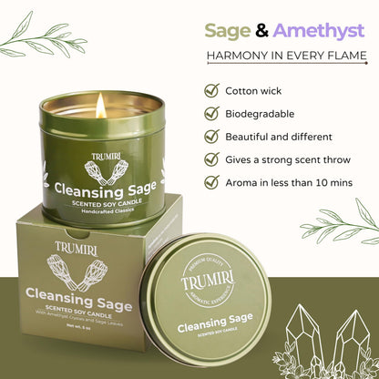 Sage Candle for Cleansing House with Crystals – 5oz Soy Wax, Non-Toxic Aromatherapy Gift