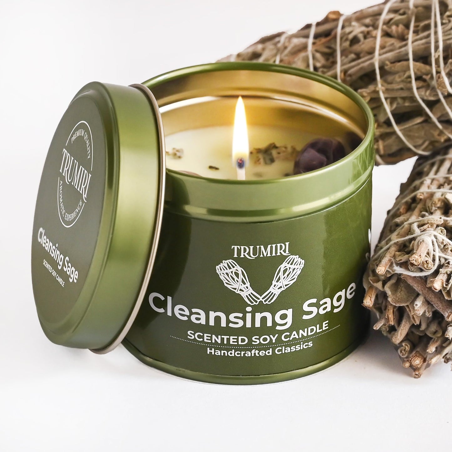 Sage Candle for Cleansing House with Crystals – 5oz Soy Wax, Non-Toxic Aromatherapy Gift