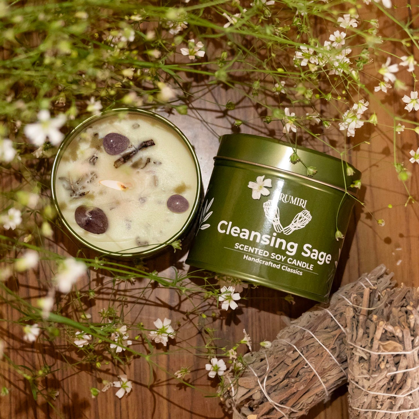 Sage Candle for Cleansing House with Crystals – 5oz Soy Wax, Non-Toxic Aromatherapy Gift