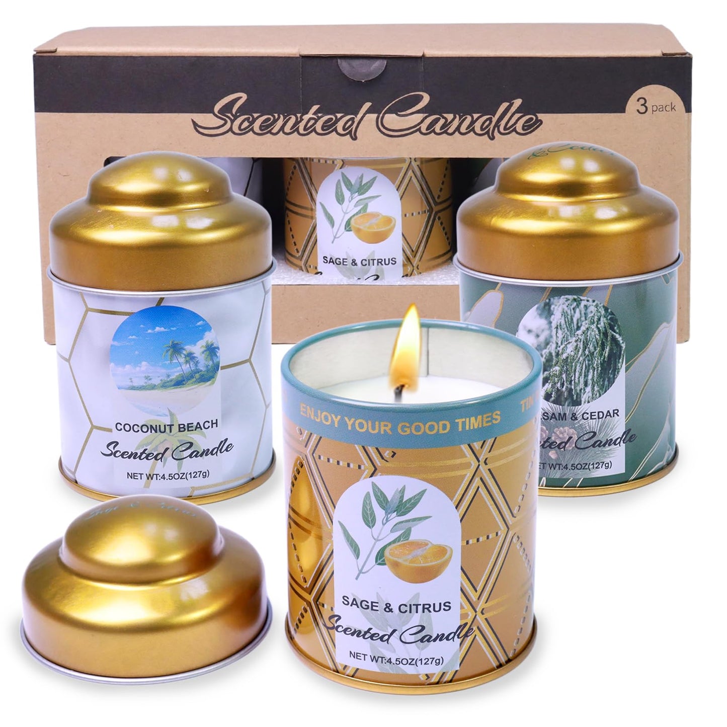 Sage & Citrus, Coconut Beach, Balsam & Cedar 3-Pack Aromatherapy Candle Sets | 8% Essential Oil, 75H Long Burning Soy Wax Scented Candle for Relaxation, Sleep Smoke-Free | Gift for Women and Men
