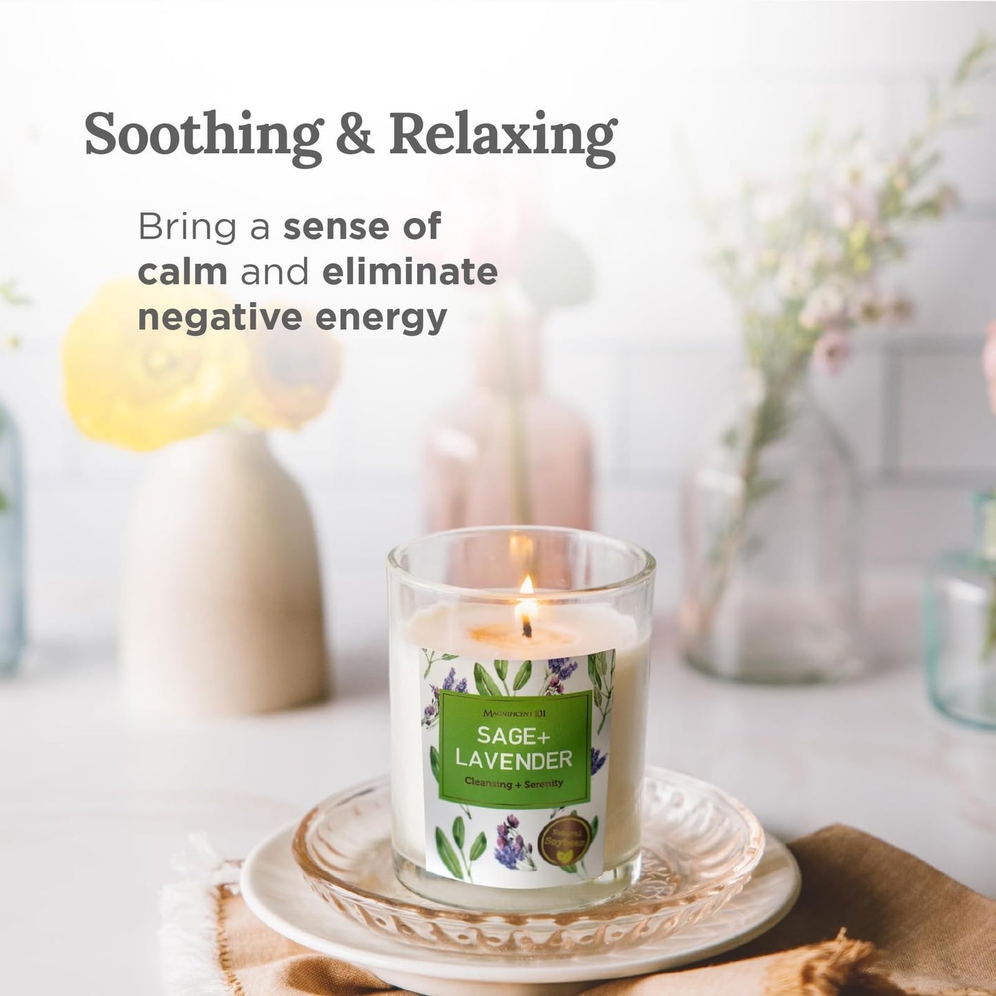 Magnificent 101 Soy Candle Set of 3 – Sage & Lavender, 3.5 oz Glass Jars, 42-Hour Burn