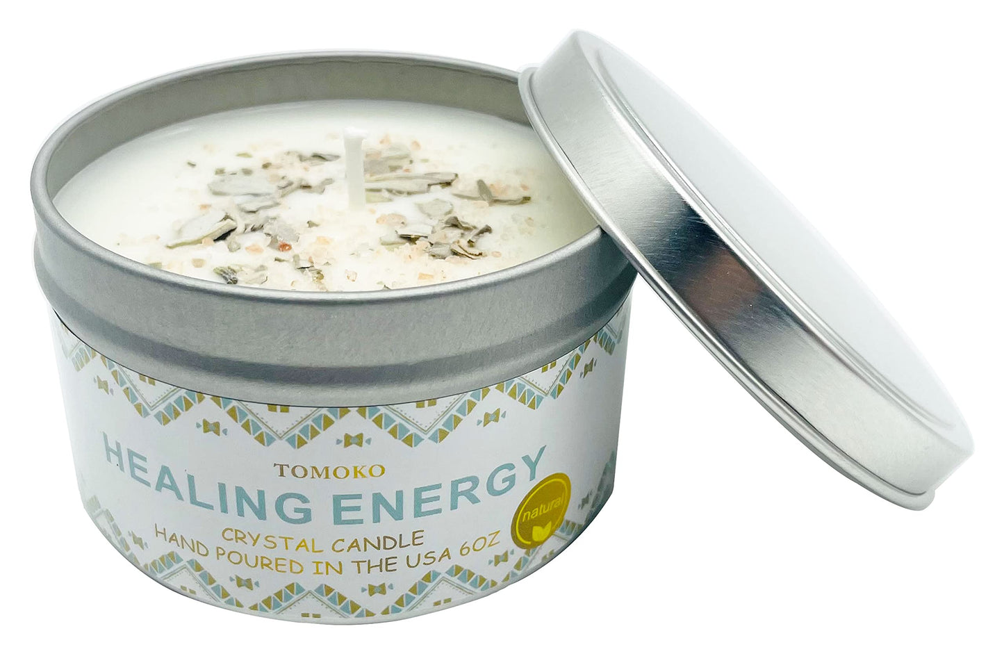 White Sage Candle with Sage Leaf, Himalayan Crystal Salt & Essential Oil | Healing Energy