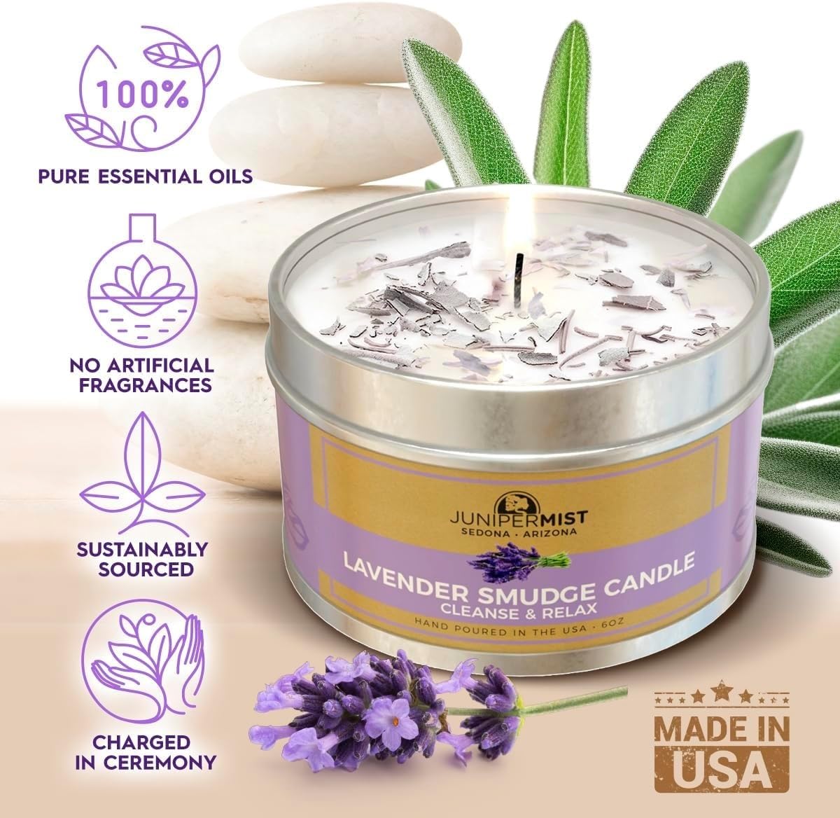 Lavender Sage Smudge Candle (6oz) - Energy Cleansing, Protection, USA Made