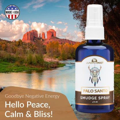 Palo Santo & Sage Smudge Spray (4oz) – Grounding & Clarity | Smokeless Sage Mist – Crystal Infused, USA Made