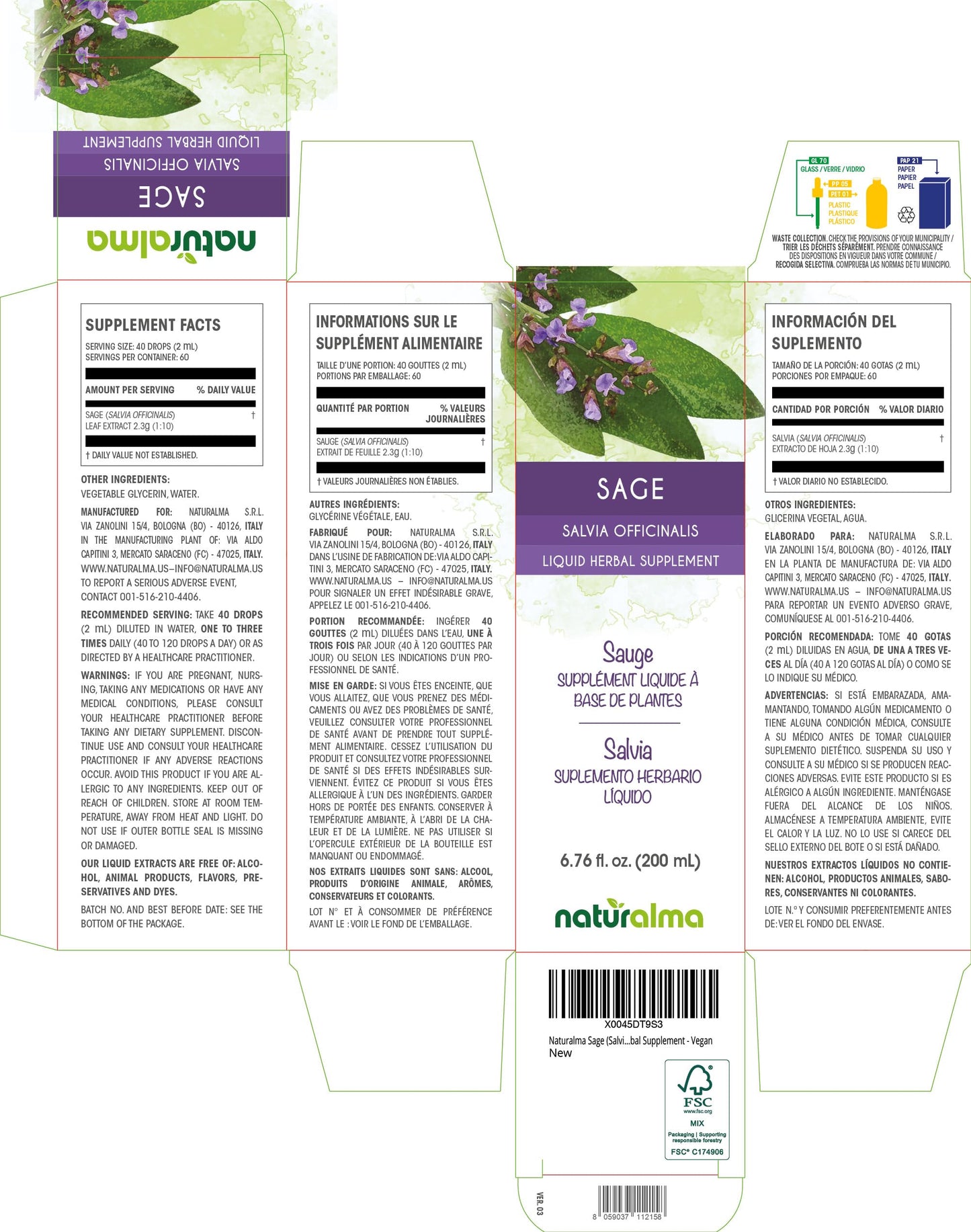 Naturalma Sage Leaf Tincture (Alcohol-Free) 6.76 fl oz | Salvia officinalis | Vegan