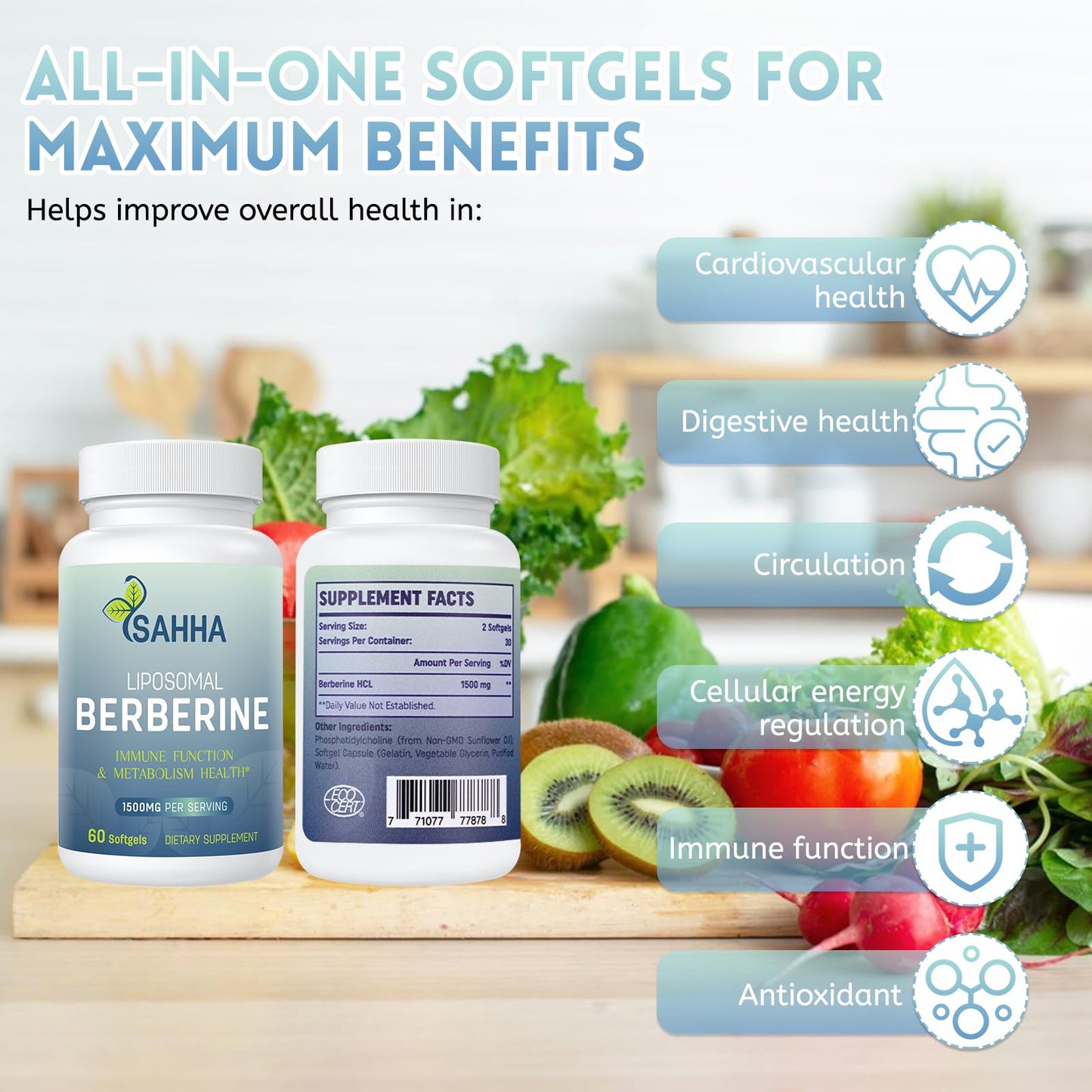 Sahha Liposomal Berberine HCL 1500mg – Supports AMPK & GLP-1 Activation, High Bioavailability for Men and Women Overall Health Supplement (2 Pack)