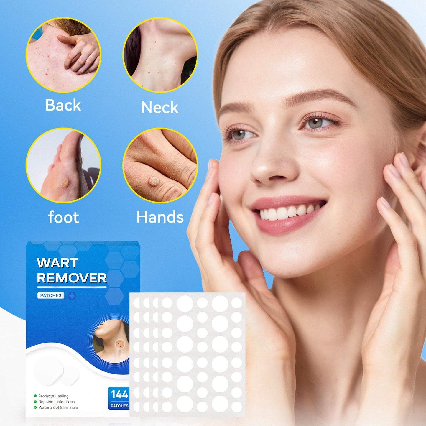 SAKIMA Wart Remover Patches – Waterproof, Invisible Hydrocolloid Patches (144 Pcs)