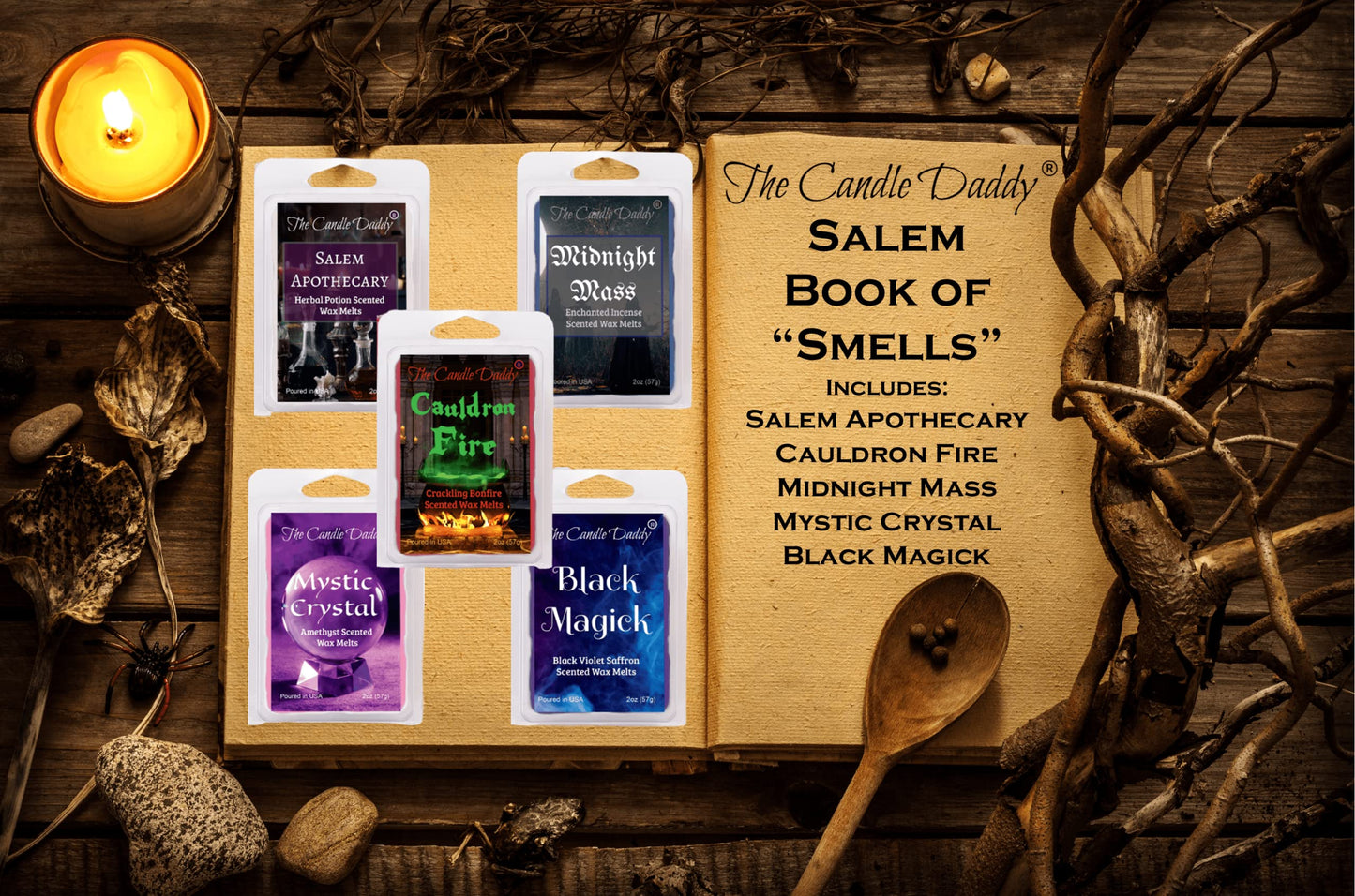 The Candle Daddy Salem Book of Smells Halloween 5 Pack - 5 Witchy Wax Melts (30 Cubes, 10 oz)