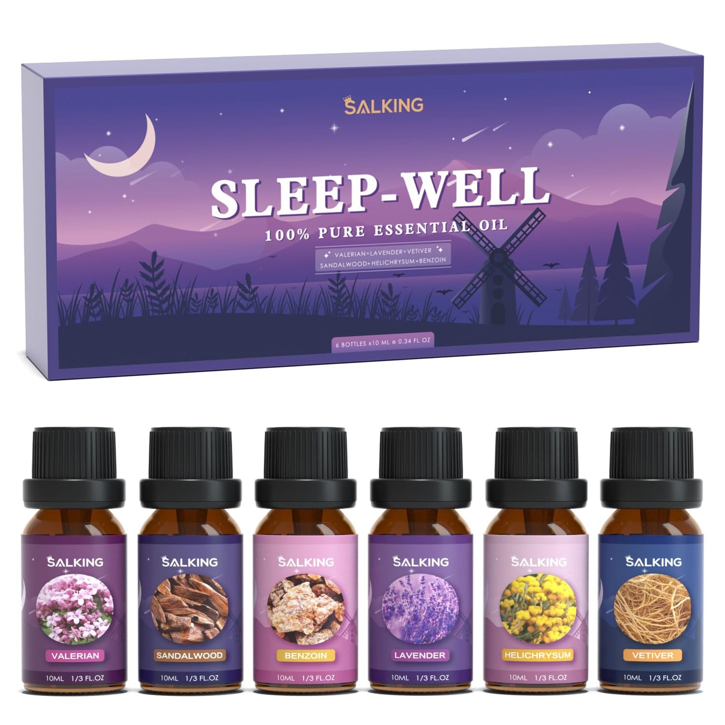 SALKING Sleep Essential Oils Set – Pure & Natural 6x10 ml Diffuser Oils (Lavender, Vetiver, Sandalwood, Valerian, Helichrysum, Benzoin)