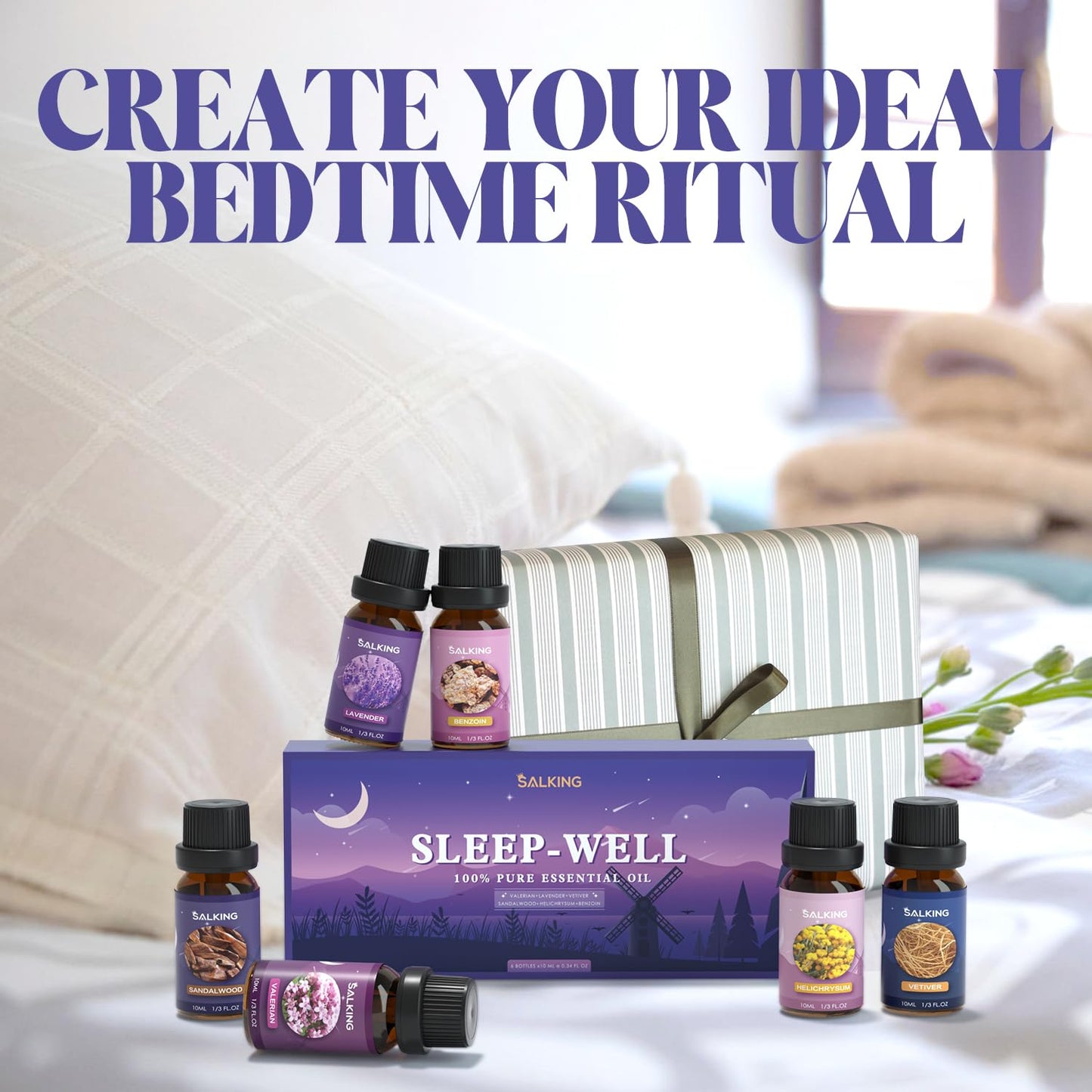 SALKING Sleep Essential Oils Set – Pure & Natural 6x10 ml Diffuser Oils (Lavender, Vetiver, Sandalwood, Valerian, Helichrysum, Benzoin)