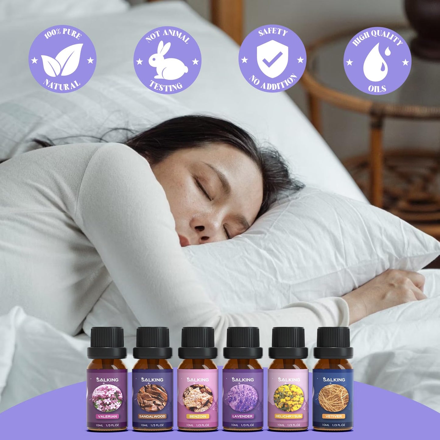 SALKING Sleep Essential Oils Set – Pure & Natural 6x10 ml Diffuser Oils (Lavender, Vetiver, Sandalwood, Valerian, Helichrysum, Benzoin)