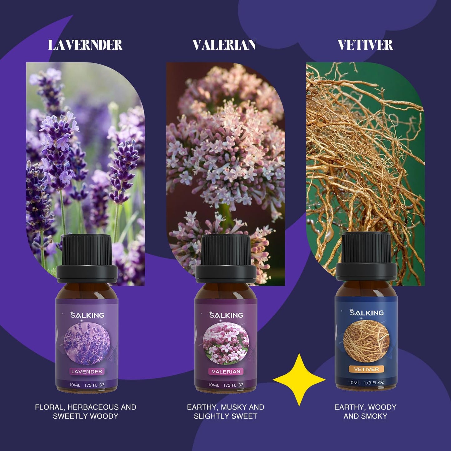 SALKING Sleep Essential Oils Set – Pure & Natural 6x10 ml Diffuser Oils (Lavender, Vetiver, Sandalwood, Valerian, Helichrysum, Benzoin)