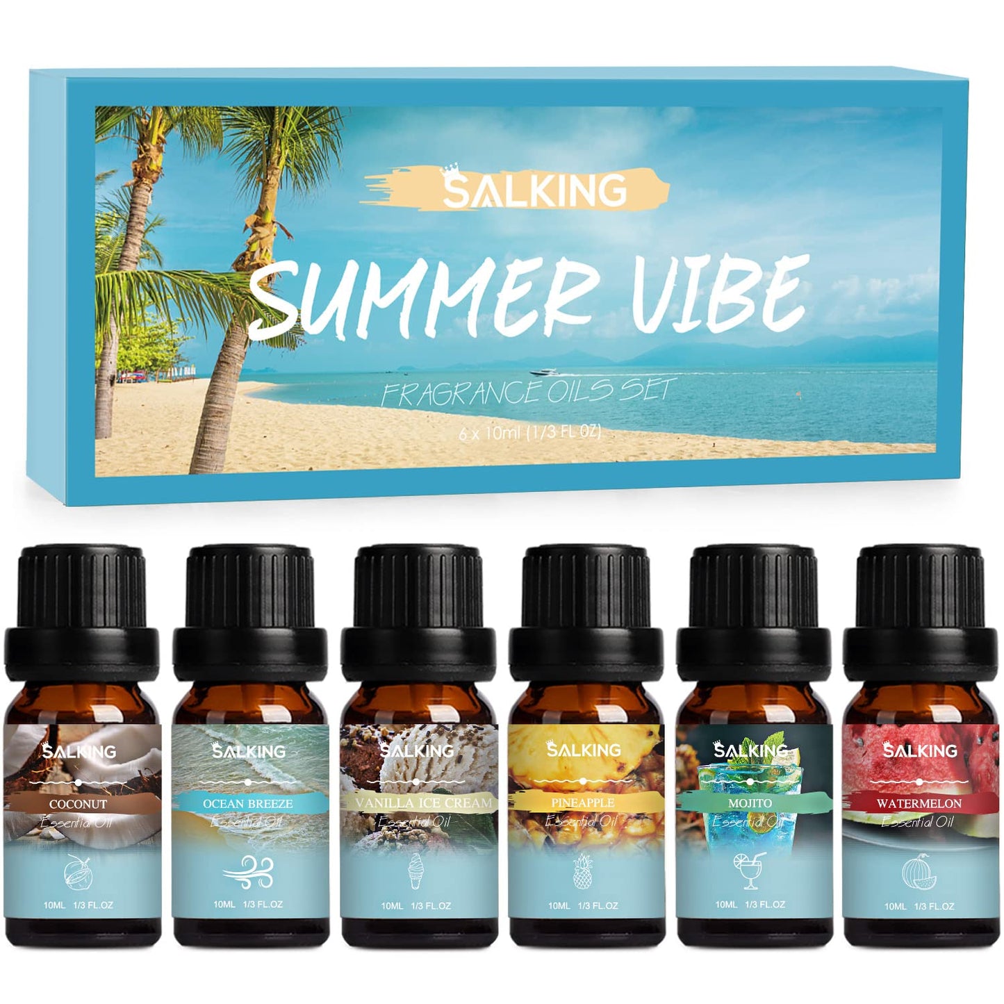 SALKING Summer Fragrance Oils Set – Premium Diffuser & DIY Scents (Ocean Breeze, Mojito, Coconut, Pineapple, Watermelon, Vanilla Ice Cream)