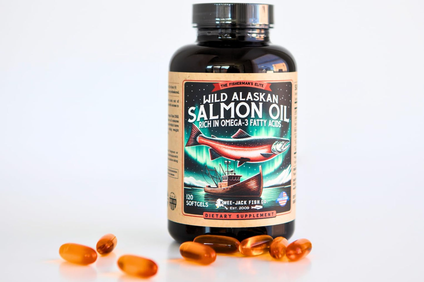 Wild Alaskan Salmon Oil Omega-3 Supplement (EPA & DHA) - 120 Softgels, 1000mg Each | Kwee-Jack Fish Co.