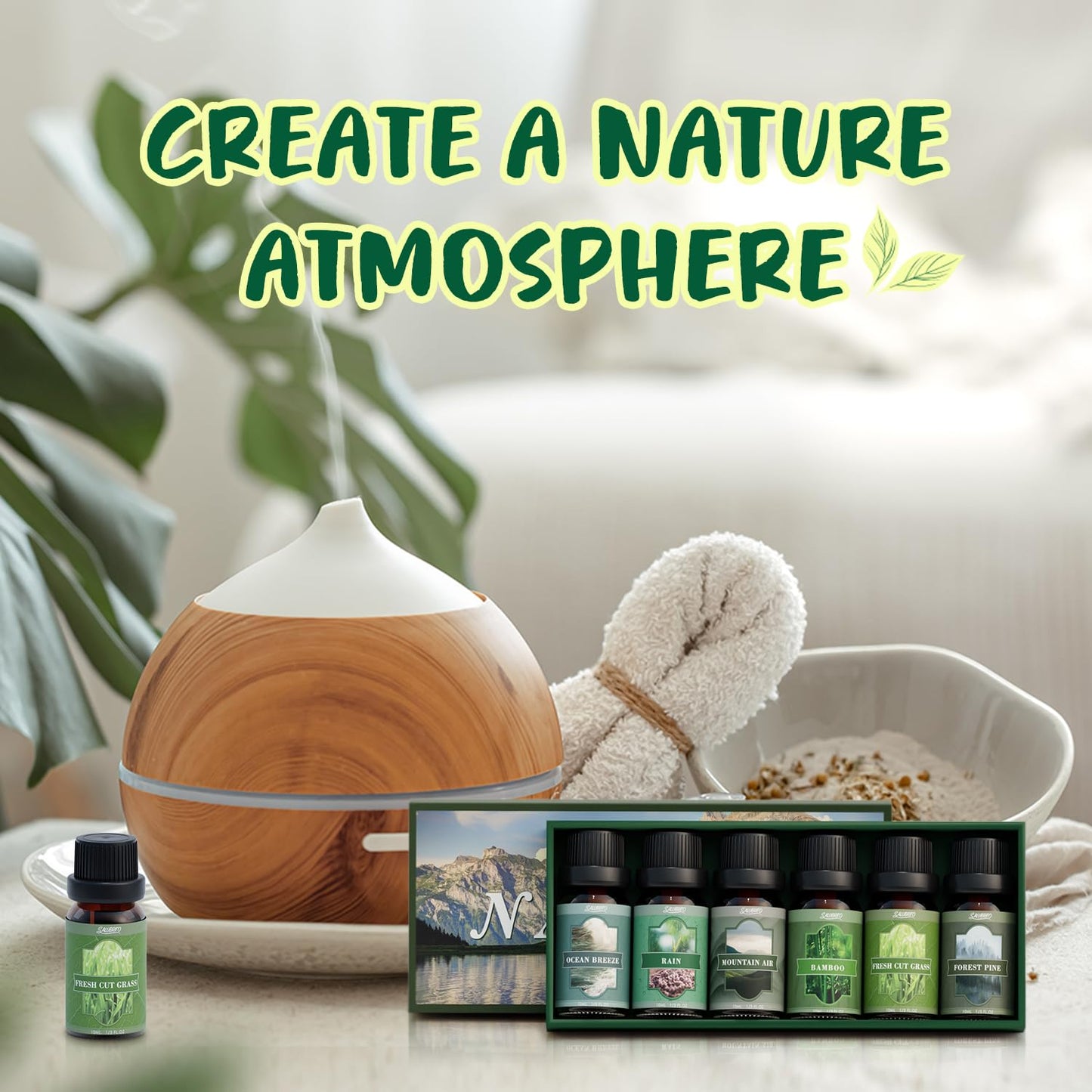 SALUBRITO Nature Fragrance Oils Set – Forest Pine, Ocean Breeze, Rain & Bamboo