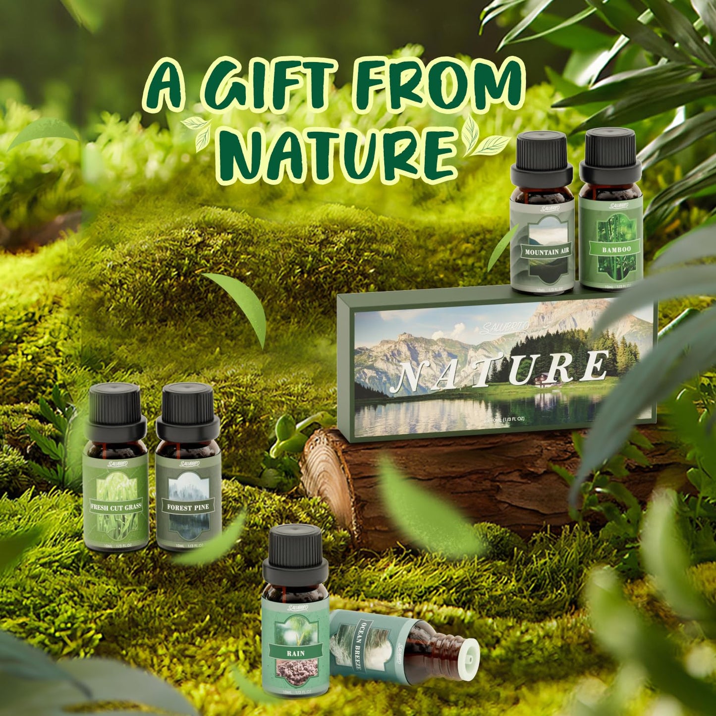 SALUBRITO Nature Fragrance Oils Set – Forest Pine, Ocean Breeze, Rain & Bamboo