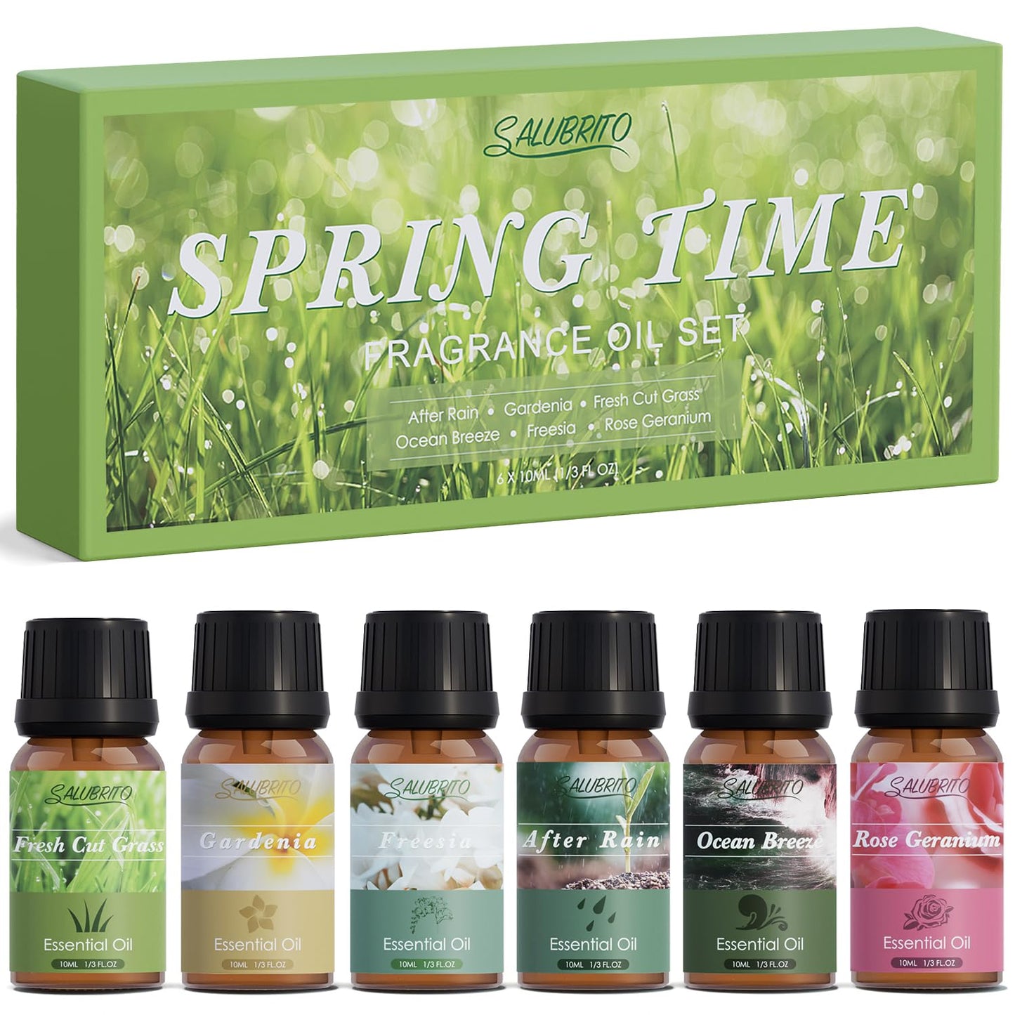 SALUBRITO Spring Fragrance Oils Set, Premium Essential Oils for Diffuser, Candle, Soap Making, After Rain, Gardenia, Fresh Cut Grass, Ocean Breeze, Freesia, Rose Geranium, Strong Scented Oils