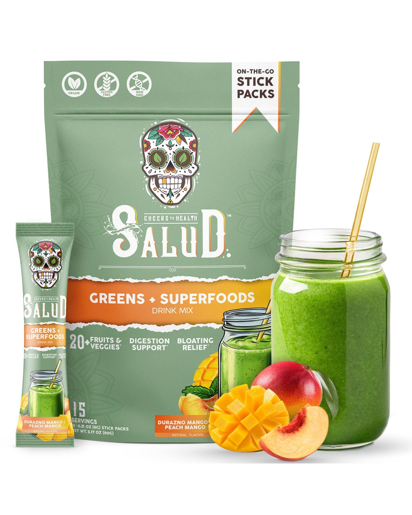 Salud 2-in-1 Greens Powder & Superfood Drink Mix – Peach Mango, 15 Servings, Probiotics, Digestive Health (Vegan)