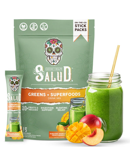 Salud 2-in-1 Greens Powder & Superfood Drink Mix – Peach Mango, 15 Servings, Probiotics, Digestive Health (Vegan)