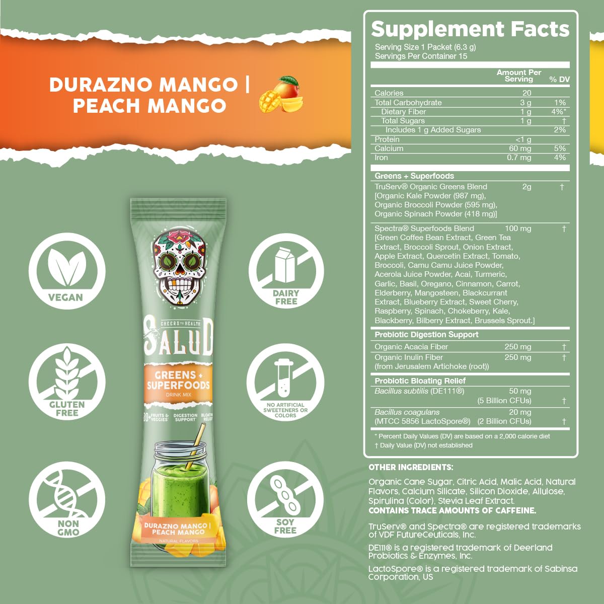 Salud 2-in-1 Greens Powder & Superfood Drink Mix – Peach Mango, 15 Servings, Probiotics, Digestive Health (Vegan)