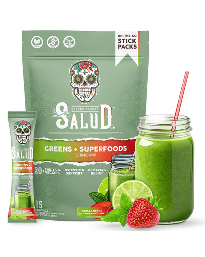 Salud 2-in-1 Greens Powder + Superfood Drink Mix – Strawberry Lime, 15 Servings (Vegan)