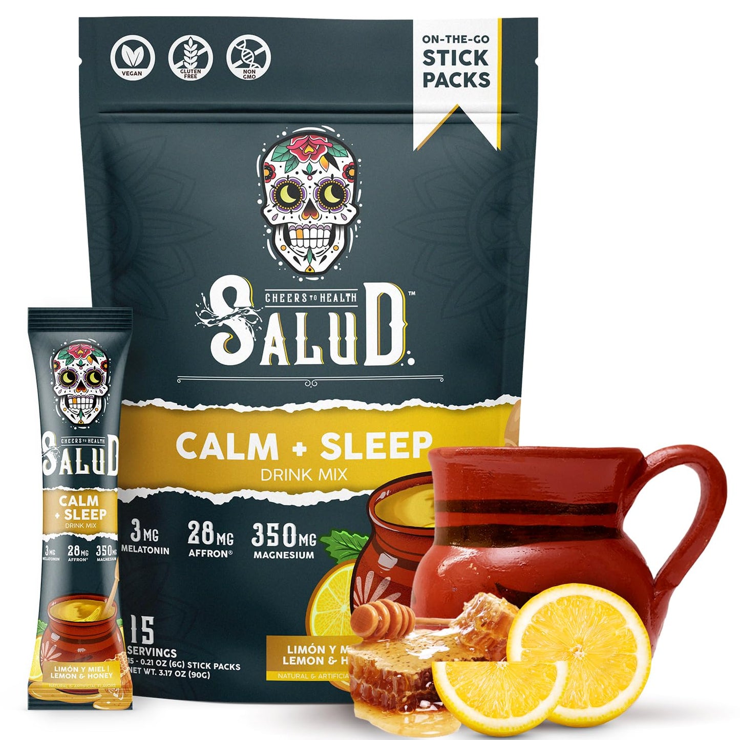 Salud 2-in-1 Sleep Aid + Calm Drink Mix – Lemon Honey (15 Servings) | Melatonin, Magnesium, Saffron, L-Theanine